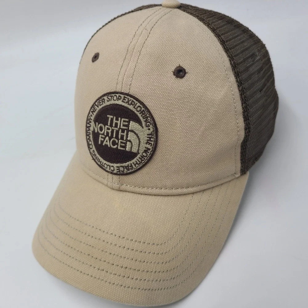 The North Face Hat Snapback Trucker Mesh Beige Brown Logo Patch Hike Outdoor Men